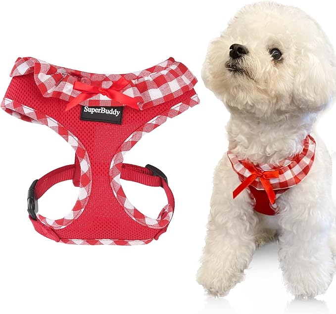 SuperBuddy Upgraded Soft Mesh Dog Harness, Super Breathable Lightweight Pet Harnesses for Puppy Dogs Outdoor Walking, Red Dog Harness -Medium