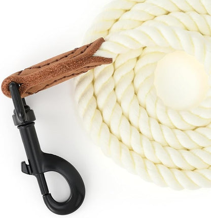 Mile High Life Dog Leash, Braided Cotton Rope Leashes with Leather Tailor Tip with Leather Tip - Heavy Duty Metal Clasp, 5FT, 1/2" Thick - Wedding, Walking Leash for Medium Large Dogs(Cream White)