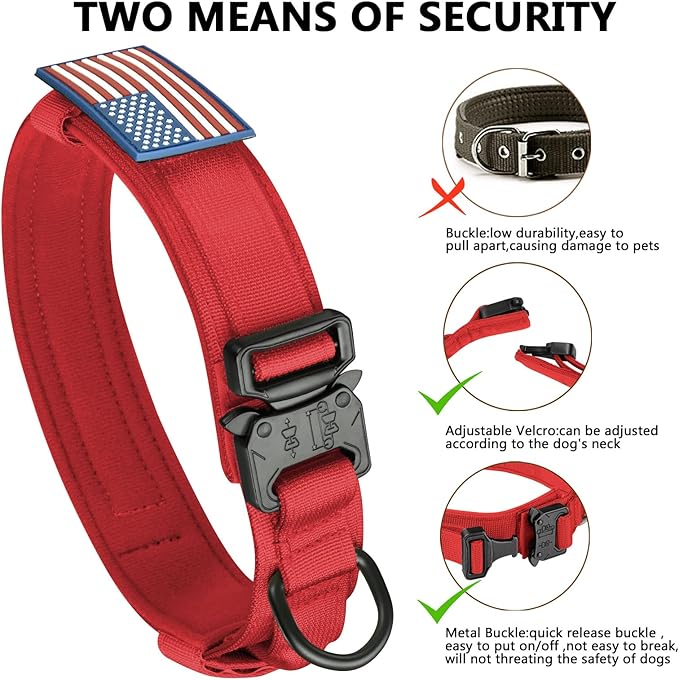 DAGANXI Tactical Dog Collar, Adjustable Military Training Nylon Dog Collar with Control Handle and Heavy Metal Buckle for Medium and Large Dogs, with Patches and Airtags Case (Red, L)