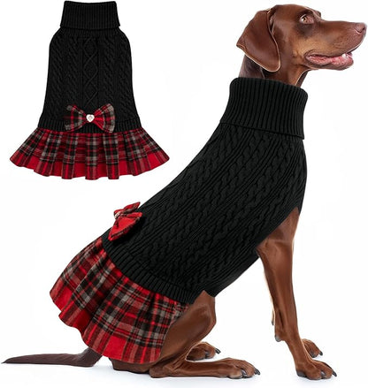 KYEESE Dog Sweater Stretchy Knitwear Dog Sweaters for Large Dogs Thick Dogs Clothes Soft Turtleneck Pet Sweater Dress with Bowtie Warm Comfy Pet Coats, Black, XXX-Large