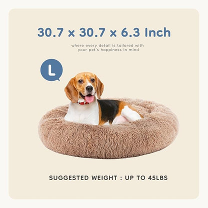 DUMOS 30.7x30.7 Inch Calming Donut Dog Beds for Large Dogs, Machine Washable Cuddler Warming Cozy Fluffy Faux Fur Plush Round Pet Bed, Anti-Slip Bed for Indoor Dogs and Cats, Brown