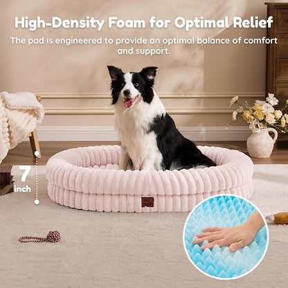 ChiXnuggle XL Dog Bed - Luxury Striped Faux Fur Waterproof Pet Couch with Removable Washable Cover, Orthopedic Dog Bed with Bolster Sides for Sleeping, Pink