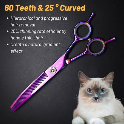7" 60 Teeth Professional Dog Grooming Scissors, 25 Degree Curvature Pet Curved Thinning Shears, Japanese VG10 Steel Sharp, Durable Smooth Cutting Scissors for Dogs Cats and Other Pets Face and Paws