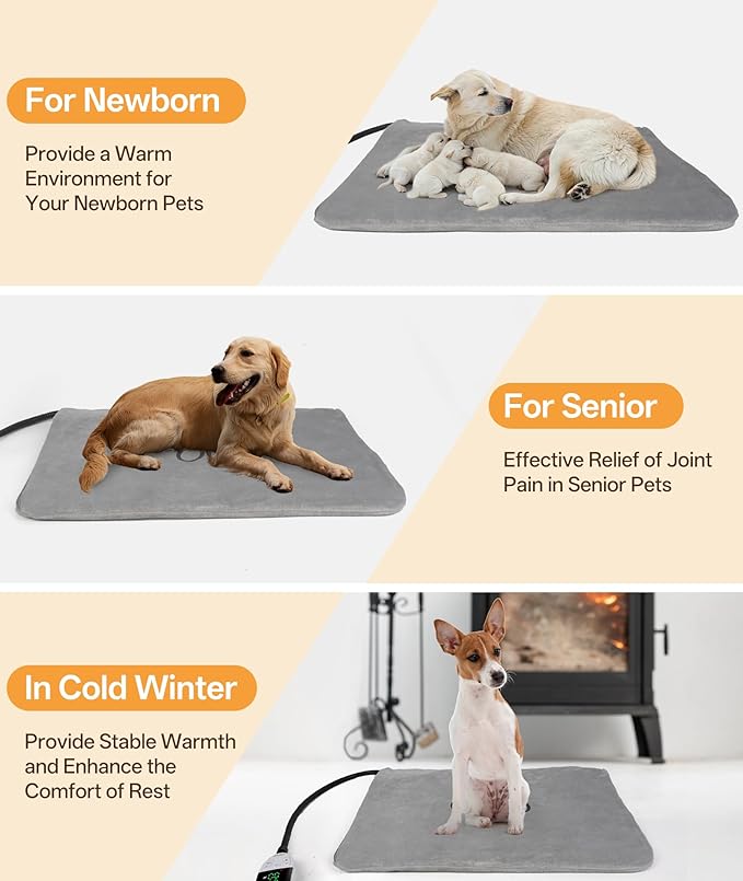 Ringco Pet Heating Pad for Dogs with 12 Adjustable Temperature, Waterproof & Chew Resistant Dog Heating Pad with Timer, Heated Dog Bed with Fleecy Cover (L: 32” x 20”)