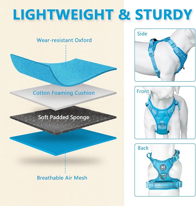 PoyPet No Pull Dog Harness, No Choke Reflective Dog Vest, Adjustable Pet Harnesses with Easy Control Padded Handle for Small Medium Large Dogs(Blue,L)