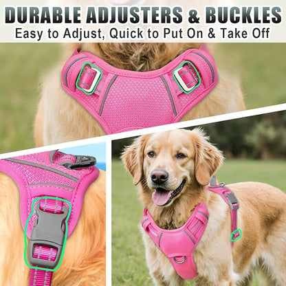 BARKBAY No Pull Dog Harness Large Reflective Dog Harness with Front Clip and Easy Control Handle for Walking Training Running with ID tag Pocket(Pink,XL)