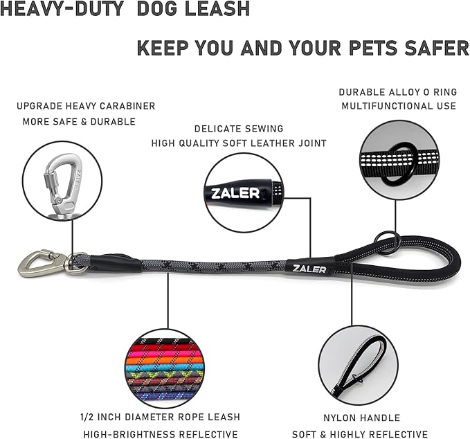 ZALER Short Dog Leash, 26 Inches Rope Traffic Leashes for Dogs, Reflective Dog Lead with O-Ring, Heavy Duty Pet Leash for Large and Medium Dogs (26" Black Gray)