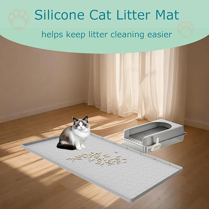 Jacooxi Cat Litter Mat for Litter Box, Silicone Large Cat Litter Trapping Mat - 28x22 in, Waterproof & Non-Slip, Durable & Easy Clean, Light Gray