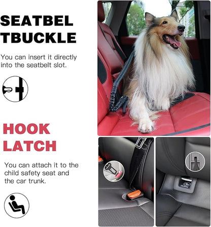 AUBELL Dog Seat Belt for Car,2 Pack Set 3-in-1 Adjustable Reflective Bungee Heavy Duty Dog Car Harness Tether with Clip Hook Latch & Buckle,Swivel Zinc Alloy Carabiner,Black+Black