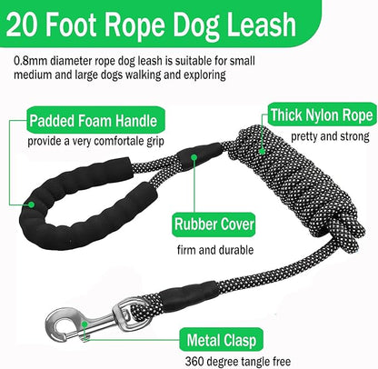 20 FT Long Leash for Dogs,Heavy Duty Reflective Long Dog Leash with Swivel Hook and Comfortable Padded Handle for Large Medium Small Pets