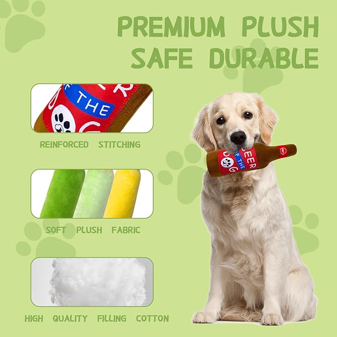 Plush Squeaky Dog Toy - Wine Bottle Shape Interactive Chew Toy for Small/Medium/Large Dogs, Stuffed Funny Dog Toys, Ideal for Indoor Home Play & Outdoor Activities, Puppy Birthday Gift (3 Pack)