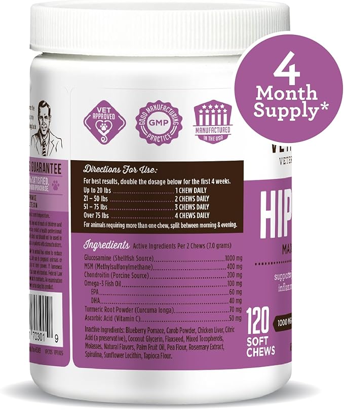 Dr. Joseph's VetPro Complete Dog Hip & Joint Supplement for Arthritis Pain Relief – High-Strength Glucosamine & Chondroitin Chews for Senior Dogs – Vet Formulated Daily Treats, Chicken Flavor, 120 Ct