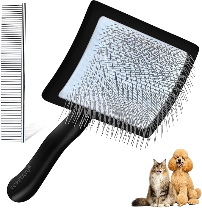 Dog Slicker Brush & Stainless Steel Comb Set for Shedding & Grooming Medium & Large Long or Thick Coated Dogs, Doodles & Cats, 1 Inch Pin Slicker Brush with Ergonomic Wooden Handle, Black