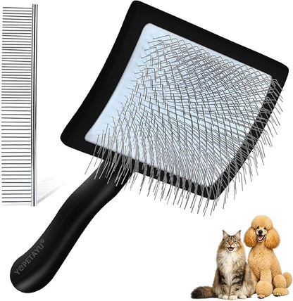 Dog Slicker Brush & Stainless Steel Comb Set for Shedding & Grooming Medium & Large Long or Thick Coated Dogs, Doodles & Cats, 1 Inch Pin Slicker Brush with Ergonomic Wooden Handle, Black