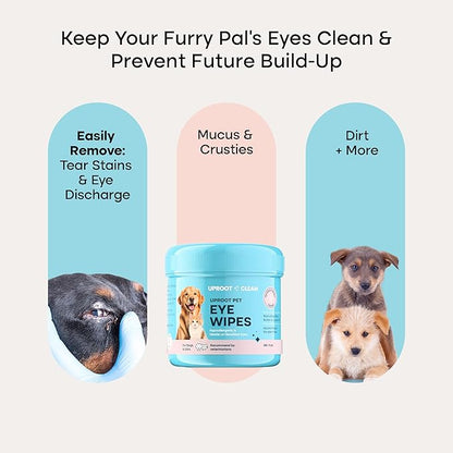 Uproot Clean Cat & Dog Eye Wipes: Hypoallergenic Eye Wipes for Dogs (100ct.) - Gentle & Cleansing Tear Stain Remover for Dogs - Reduce Discharge, Tear Stain Deep Clean Wrinkles Cats