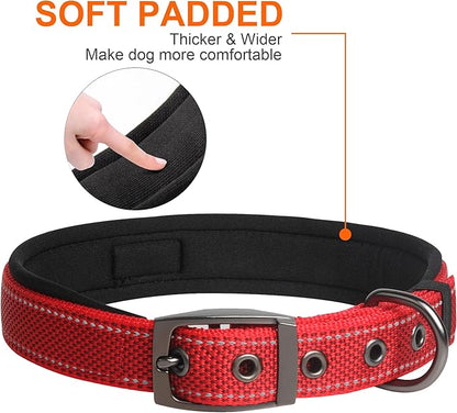 Fida Heavy Duty Dog Collar, Ultra Comfortable Soft Neoprene Padded, Adjustable Reflective Nylon Pet Collar with Durable Metal Belt Buckle for Large Breeds (L, Red)