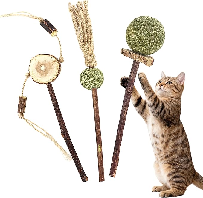 3 PCS Natural Catnip Cat Toys Set - Cat Nip Chew Toy with Silver Vine & Sisal Rope for Kitten Teething, Dental Care, Anxiety Relief - Durable Cat Toy for Indoor Cats, Kittens to Adults