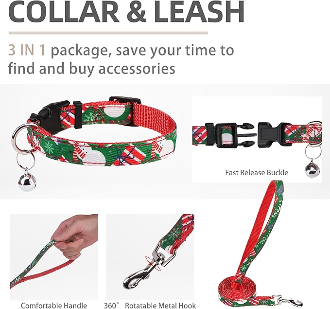 PUPTECK Adjustable Dog Harness Collar and Leash Set Step in No Pull Pet Harness for Small Medium Dogs Puppy and Cats Outdoor Walking Running, Soft Mesh Padded Reflective Vest Harnesses, Christmas, L