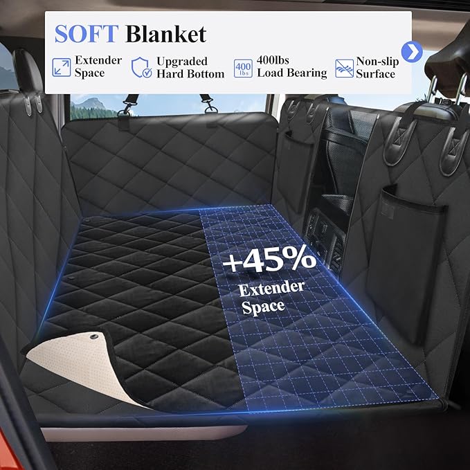 ROUWINNE Back Seat Extender for Dogs Truck-with Soft Blanket, Dog Pet Seat Cover Back Seat Hard Bottom Holds 400lbs, Backseat Dog Hammock for Crew Cab Trucks F150, RAM1500, Sierra, Tundra, Silverado