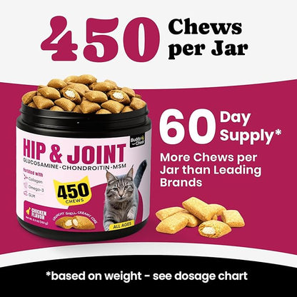 Glucosamine for Cats, Cat Joint Supplement with Chondroitin, Omega-3s & Green-Lipped Mussel, Pain Relief Crunchy & Creamy Treats for Senior Cats, Hip & Joint, Mobility & Flexibility Support -450 Chews