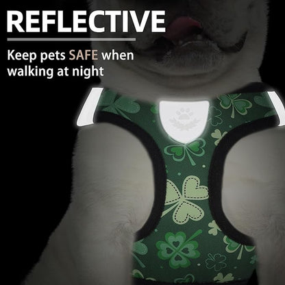 PUPTECK Adjustable Dog Harness Collar and Leash Set Step in No Pull Pet Harness for Small Medium Dogs Puppy and Cats Outdoor Walking Running, Soft Mesh Padded Reflective Vest St. Patrick's Harnesses