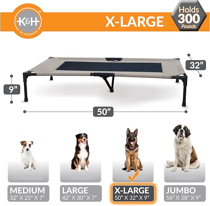 K&H Pet Products Outdoor Elevated Dog Cot, Breathable Cooling Elevated Cot Hammock Pet Bed for XL Dogs, Washable Mesh Cover, Raised Metal Frame, Collapsible, Portable - Extra-Large 50 X 32in Taupe