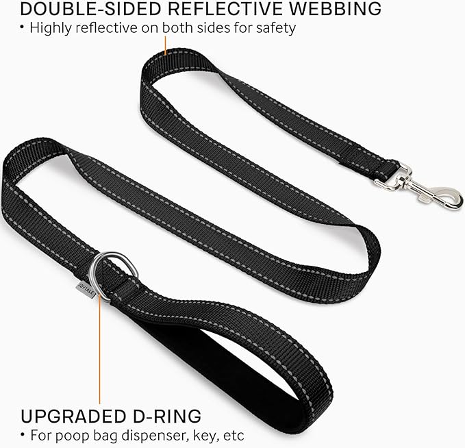 Joytale Double-Sided Reflective Dog Leash, 6 FT/5 FT/4 FT, Padded Handle Nylon Heavy Duty Leashes for Medium & Large Dogs Walking, Black, 5FT