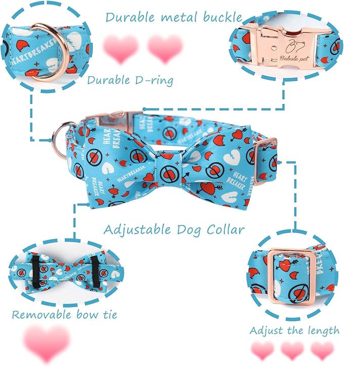 Valentines Dog Collar with Bowtie, Blue Heart Dog Collar with Bow, Cute Valentine Heart Pet Collar with Metal Buckle Adjustable for Boys&Girls Dogs, X-Small