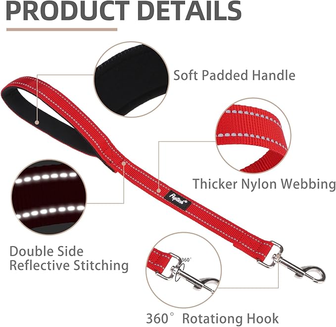 PUPTECK Reflective Short Dog Leashes - 3 Packs 2.5ft/ 1.5ft/ 1ft Nylon Leash with Strong Clip, Soft Padded Handle, Durable Training Leash for Large Small Medium Dogs Walking Outside, Red