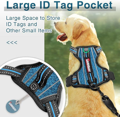 BARKBAY Dog Harness No Pull with ID Tag Pocket - Heavy Duty, Reflective, Easy Control for Large Dogs(Blue/Black,L)