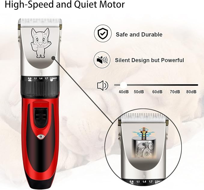 Highdas Dog Grooming Kit Clippers, Low Noise, Electric Quiet, Rechargeable, Cordless, Pet Hair Thick Coats Clippers Trimmers Set, Suitable for Dogs, Cats, and Other Pets(Red)