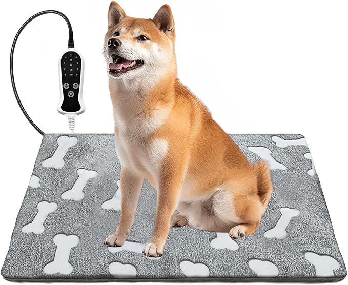Quwzayail Pet Heating Pad, 9 Gears and time Settings and Metal Protective Tube, Adding Wire Rope Warming,Comes with Soft Fabric Cover. (22.0" L x 18.0" W x 0.5" Th, Gray Pattern)