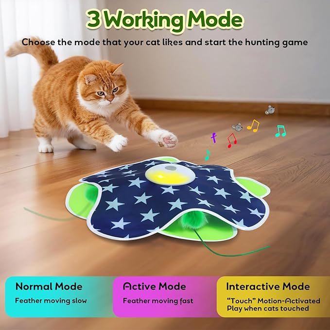 Saolife Interactive Cat Toys with Moving Feather Concealed in Mat, Motion Activated, Mouse Squeaky, Rechargeable Cat Exercise Toys for Bored Cats
