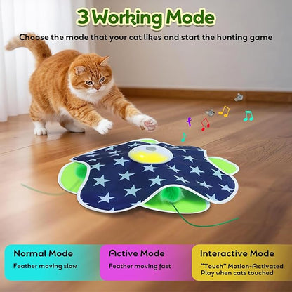 Saolife Interactive Cat Toys with Moving Feather Concealed in Mat, Motion Activated, Mouse Squeaky, Rechargeable Cat Exercise Toys for Bored Cats
