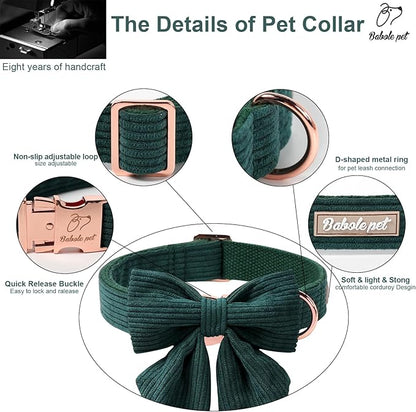 Corduroy Dog Collar with Laday Bow, Adjustable Heavy-Duty Dog Collars for Small Medium Large Dogs, Green Winter Christmas Puppy Bowtie Collar XL