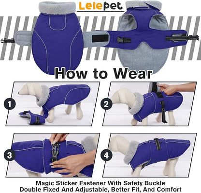 Lelepet Warm Dog Winter Coat Waterproof Dog Jacket with Adjustable Buckle & Leash Hole Reflective Pet Fleece Snowsuit Turtleneck Windproof Cold Weather Coats, Blue, XXXL