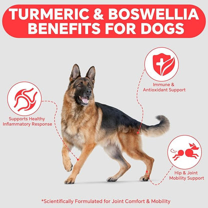 Turmeric Anti-Inflammatory Support Dog Chewables - 120 Tablets - with Turmeric, Boswellia, Fish Oil, and Piperine for Hip and Joint Mobility, Antioxidants, Veterinarian Recommended