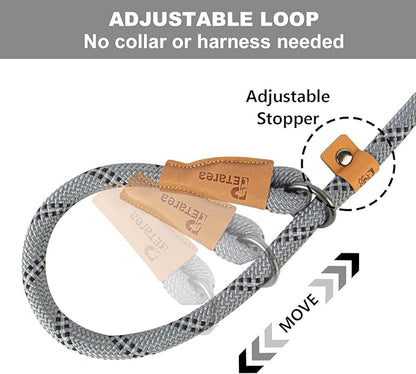 5 FT Slip Lead Dog Leash, Heavy Duty Rope Leash for Small Medium Large Dogs, No Pull Training Lead with Reflective Thread, Strong Comfortable Loop Leash (Grey Stripe, Medium(3/8"))