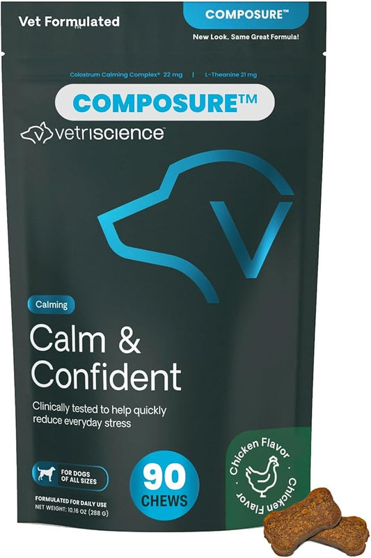 VetriScience Calm & Confident Chews, Composure Clinically Tested Calming and Anxiety Ashwagandha Supplement for Dogs, Stress Relief, Separation Anxiety, Behavior Support, Chicken, 90 Count