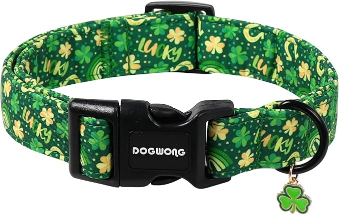 DOGWONG St Patrick's Dog Collar, Green Clover Pet Collar Cotton Shamrock Pet Collar Cute Puppy Collar Adjustable Pet Dog Collars for Small Dogs