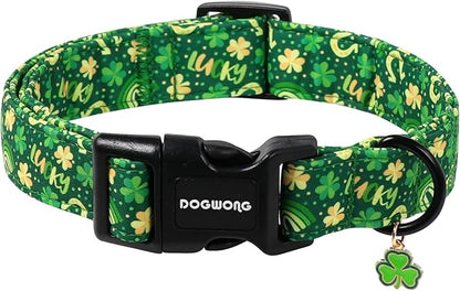 DOGWONG St Patrick's Dog Collar, Green Clover Pet Collar Cotton Shamrock Pet Collar Cute Puppy Collar Adjustable Pet Dog Collars for Large Dogs,L