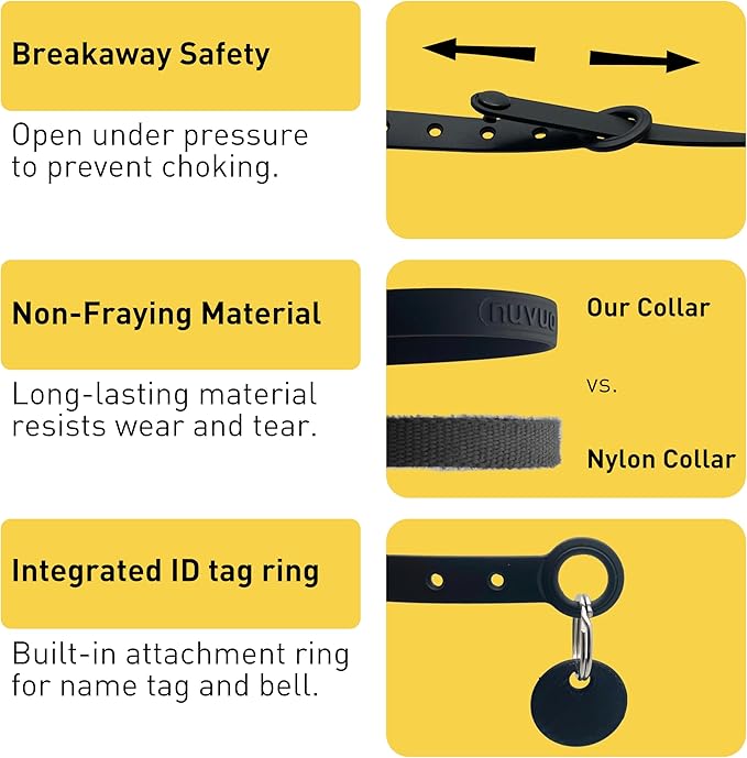 Silicone Cat Collar - Soft, Comfortable, and Lightweight Breakaway Collar with Name Tag Ring for Outdoor Cats and Sensitive Skin Pets by Nuvuq (6 ⅞" to 10 ¼", Black)