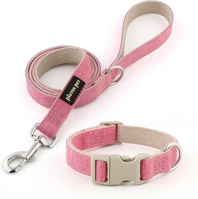 Plutus Pet Cotton Hemp Dog Collar and Leash Set, Adjustable Collar for Small, Medium, and Large Dogs, Heavy Duty and Soft on Skin, Hot Pink, S
