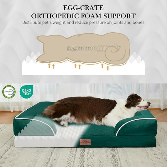 Comfort Expression Orthopedic Dog Bed for Medium Dogs 30x20 Inch, Waterproof Supportive Egg Crate Foam Medium Pet Bed with Removable Bolsters, Dog Couch with Washable Cover & Non-Slip Bottom, Emerald