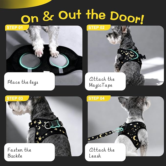 EXPAWLORER Small Dog Harness and Leash Set - Cute Puppy Harness Leash Dog Collar with AirTag Holder Silicone Case, Soft Padded Step in Pet Vest Reflective for Outdoor Walking, Star-Moon S
