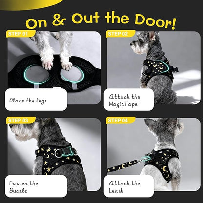 EXPAWLORER Small Dog Harness and Leash Set - Cute Puppy Harness Leash Dog Collar with AirTag Holder Silicone Case, Soft Padded Step in Pet Vest Reflective for Outdoor Walking, Star-Moon S