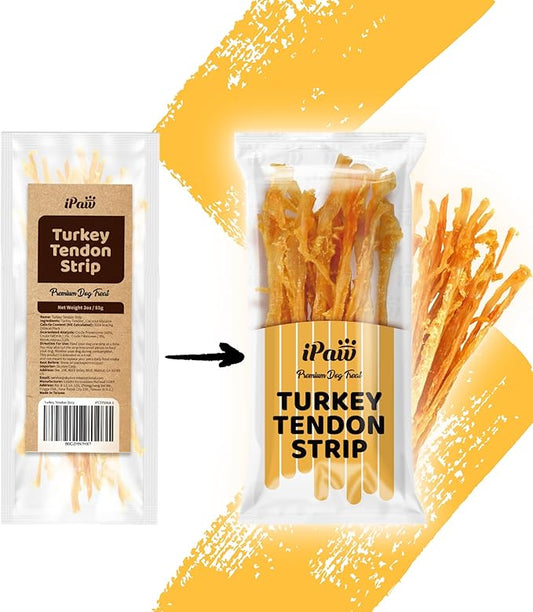 iPaw Turkey Tendons for Dogs, 100% Turkey and US Sourced Raw Material, Hypoallergenic, All Natural Human Grade Puppy Chew, Rawhide Alternative Dog Treats, 1 Pack Strip (Large)