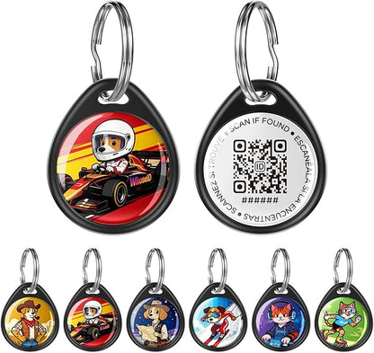 QR Code Dog Tag and Cat Tag, Scan to Reunite Faster, Waterproof and Durable, Lightweight and Quiet, Updatable Contact Info, with Eye-Catching Pet Character Design, Black-Racecar Driver