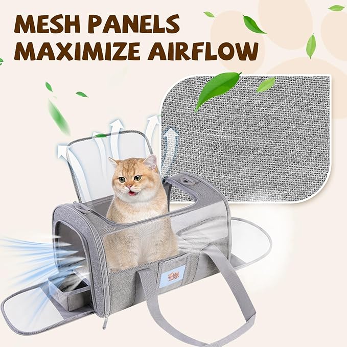FOORLON Cat Carrier Soft for Pets Up to 15 Lbs, Cat Travel Bag with Padded Shoulder Strap and Detachable Cat Food Bowl, Pet Dog Carriers for Small Dogs Travel Puppy Carry Airline Approved, Grey
