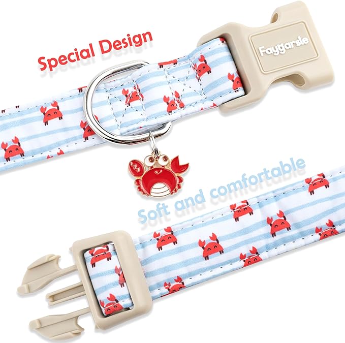 Faygarsle Cute Crab Pattern Dog Collar, Cotton Fabric, Light Blue Stripes, for Small Medium Large Dogs M